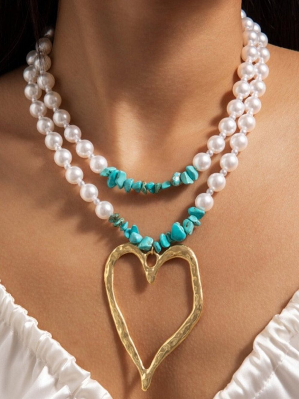 Pearl and Turquoise Double Layered Heart Drop Necklace
